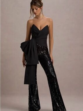 Strapless Black Sequin Boot-Flare Jumpsuit with Draped Sash